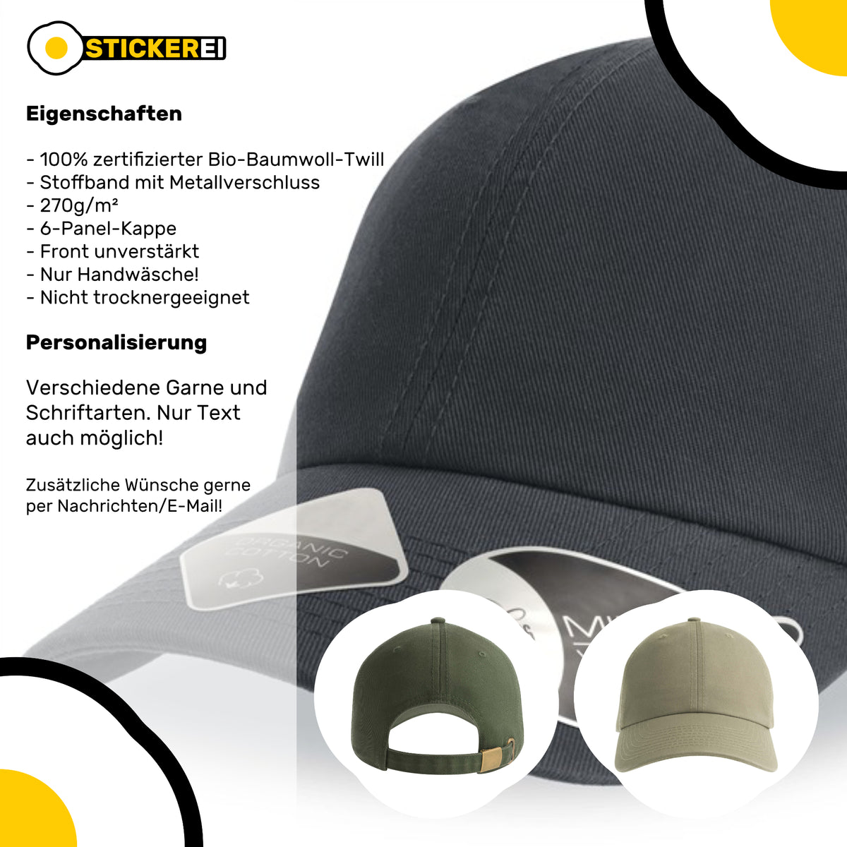 Übersichtsinfografik zur 6-Panel Kappe aus 100% Bio-Baumwoll-Twill 270g/m2 mit unverstärkter Front.