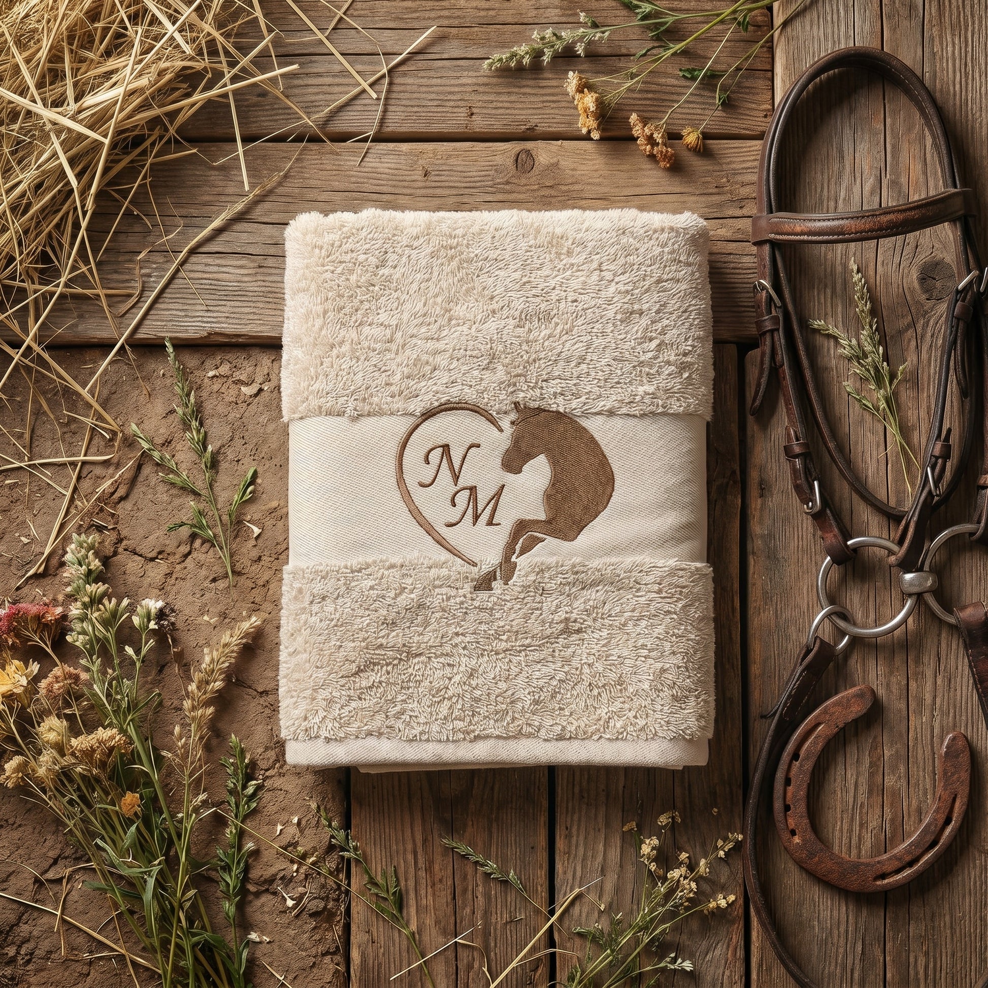 Sandfarbenes flauschiges Handtuch mit Pferdenmotiv und Initialen bestickt