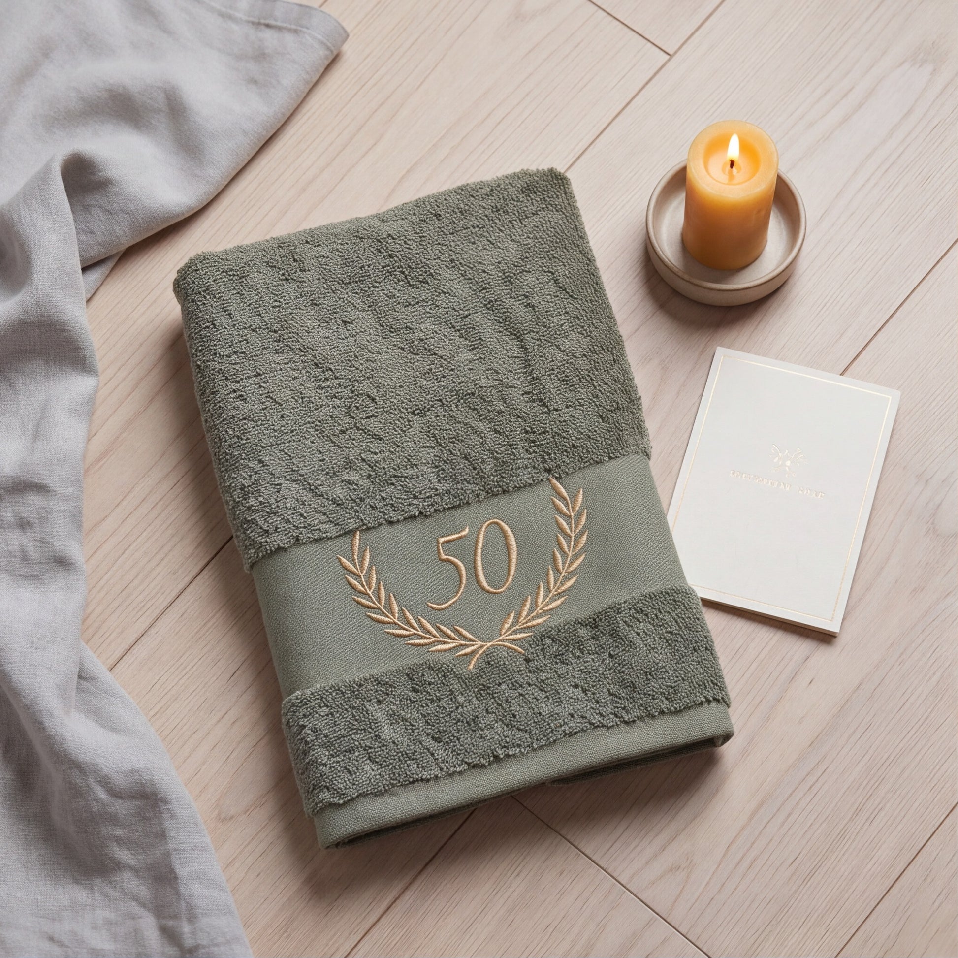 EIn olivgrünes Handtuch mit einem goldenen Lorbeerkranz und der Zahl 50 bestickt umgeben von einer Kerze, Textilien auf einem hellen Boden.