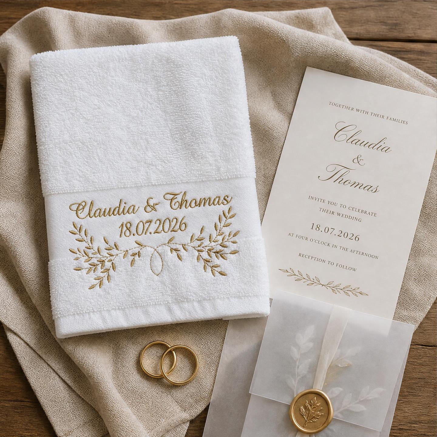 Weißes Handtuch mit goldener Namen, Datum und Blumenstickerei umgeben von Hochzeitsdekoration.