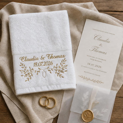 Weißes Handtuch mit goldener Namen, Datum und Blumenstickerei umgeben von Hochzeitsdekoration.