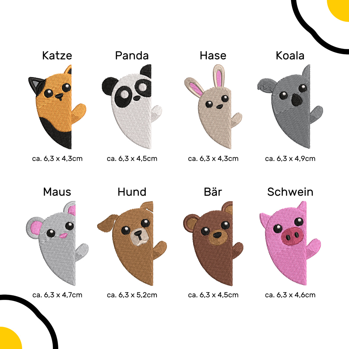 Übersichtsdiagramm mit Maßangaben für alle 8 Tier-Aufnäher von Katze 6,3 x 4,3 cm bis Hund 6,3 x 5,2cm.