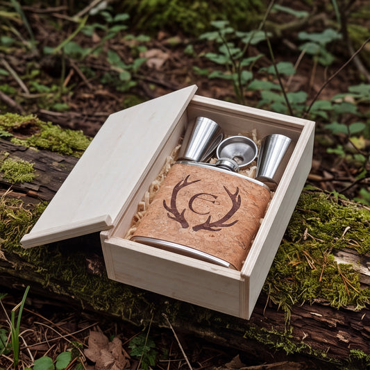 Kork Flachmann mit Gravur und Edelstahlbechern im Geschenkset in Holzkiste auf Moos im Wald