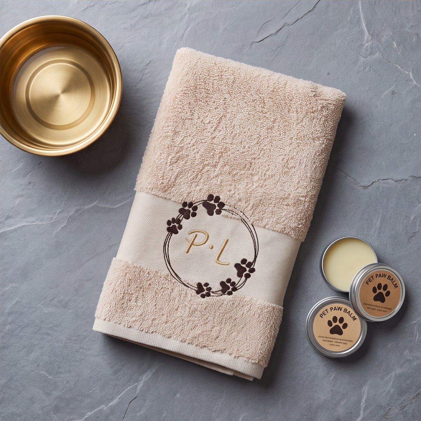 Sandfarbiges besticktes Handtuch mit einer Pfotenkranz und Initialen Stickerei in Dunkelbraun und Gold.