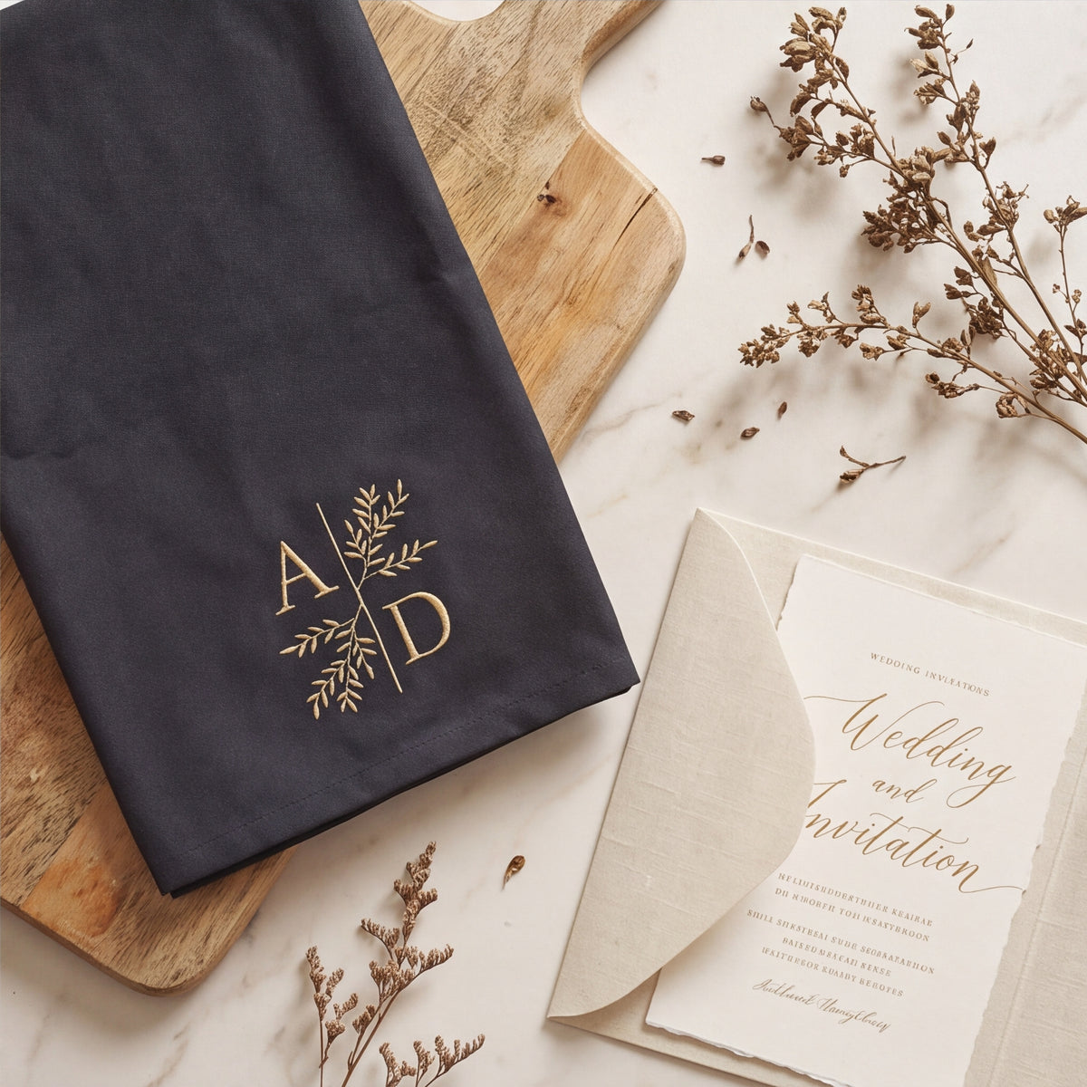 Schwarzes Geschirrtuch mit besticktem Monogramm A D auf Holzschneidebrett neben Hochzeits-Einladungskarte und Trockenblumen