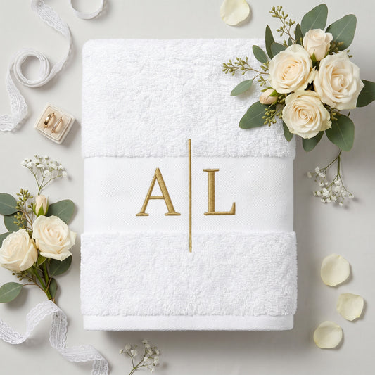 Ein weißes Hochzeitshandtuch mit goldenen Initialen und einer Trennlinie bestickt. Rundherum liegen Hochzeitsblumen, Dekoration sowie Verlobungsringe.